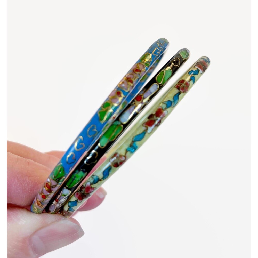Vintage Asian Cloisonne Bangle Bracelets, Bohemian Stack Set, Blue Black Flower